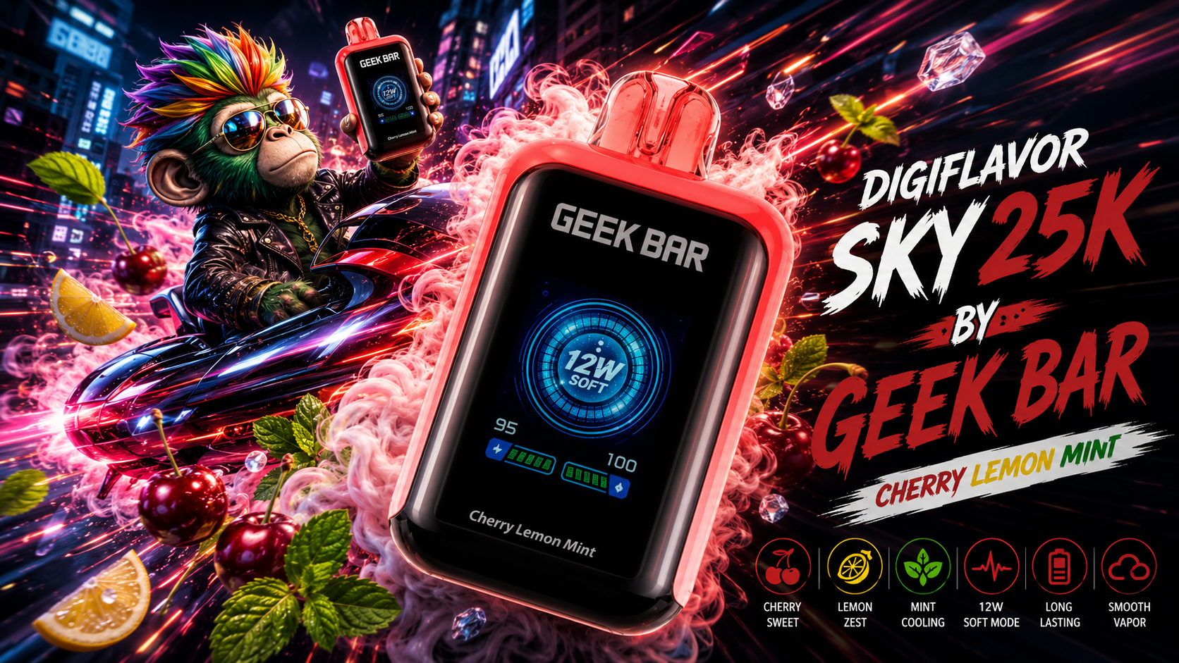 Cherry Lemon Mint vape device with digital display
