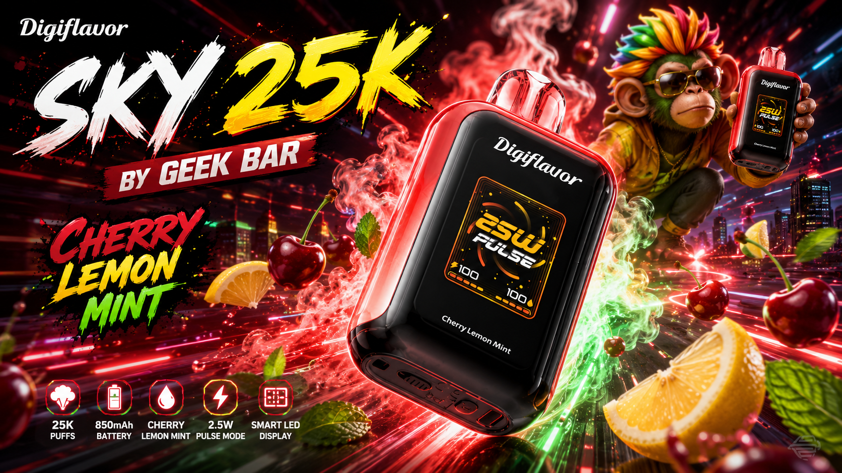 Cherry Lemon Mint Digiflavor SKY 25K vape with LED display