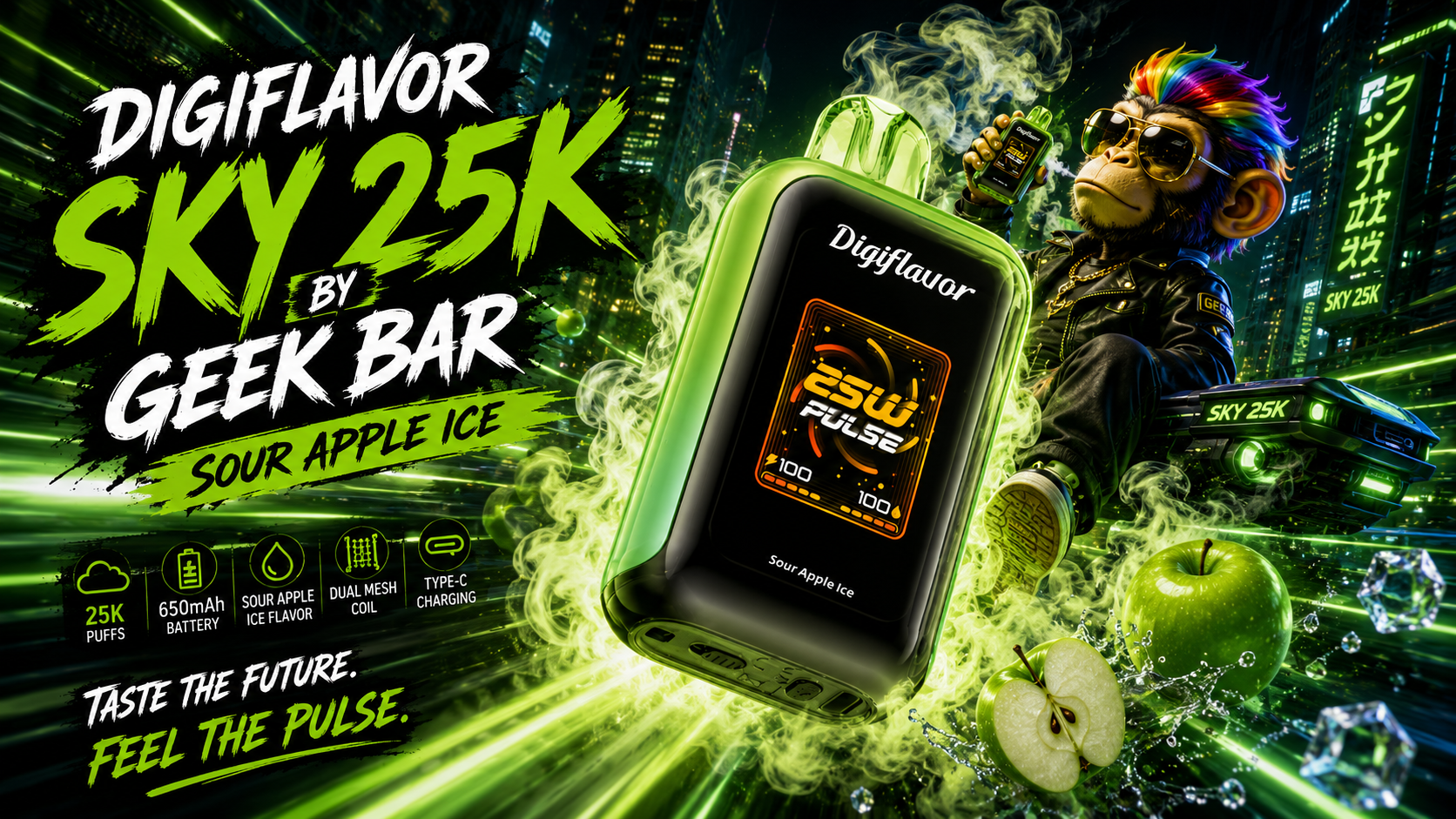 Digiflavor SKY 25K vape device in Sour Apple Ice flavor with digital display and sleek design