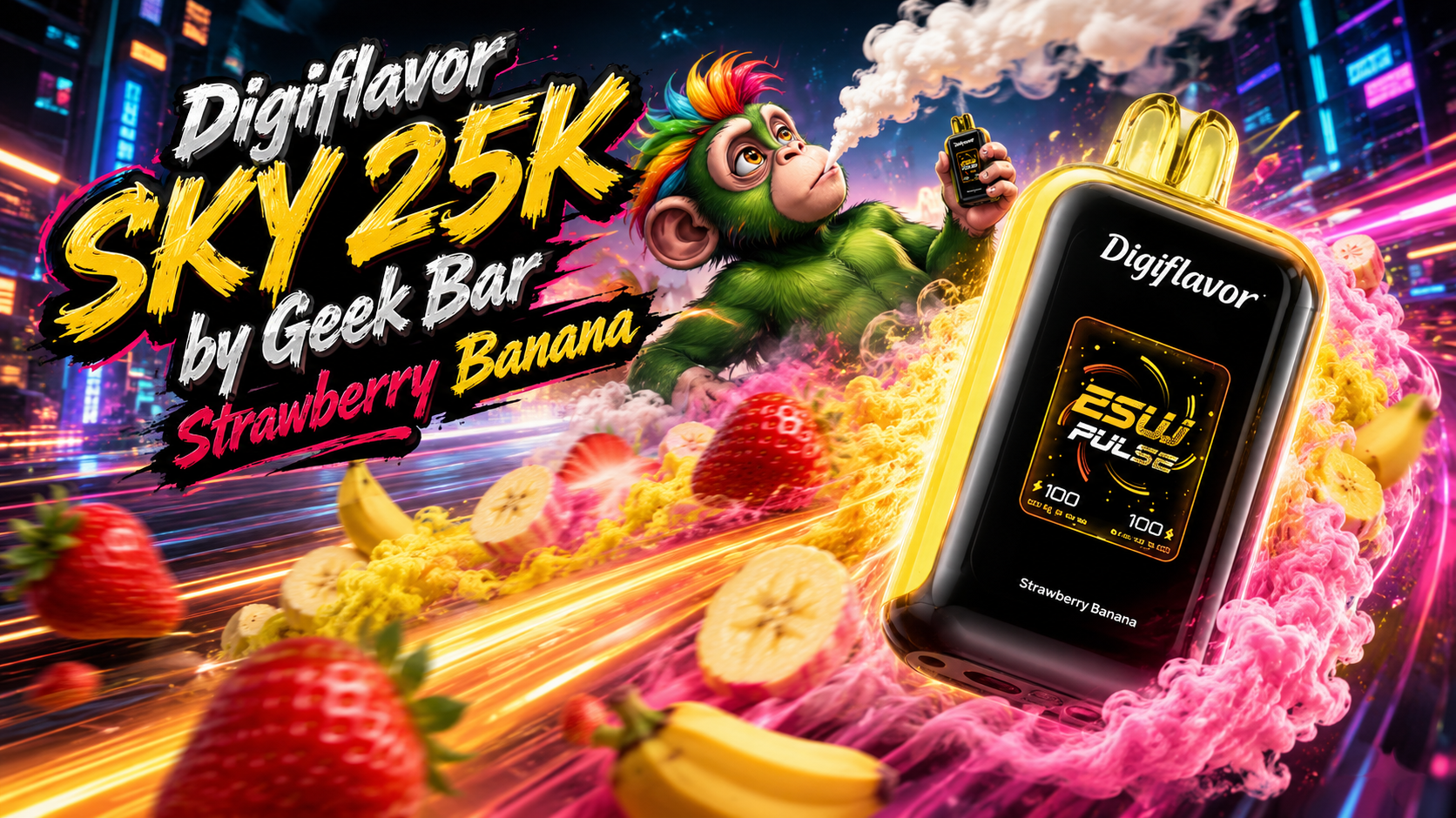 Digiflavor SKY 25K vape device with Strawberry Banana flavor in neon city design