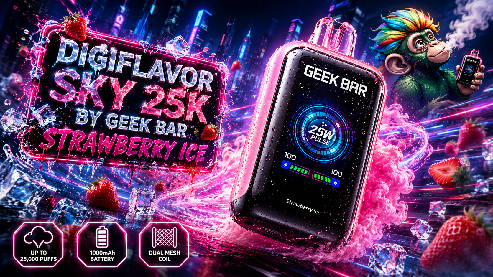 Strawberry Ice Digiflavor Sky 25K vape device with neon city backdrop and mascot