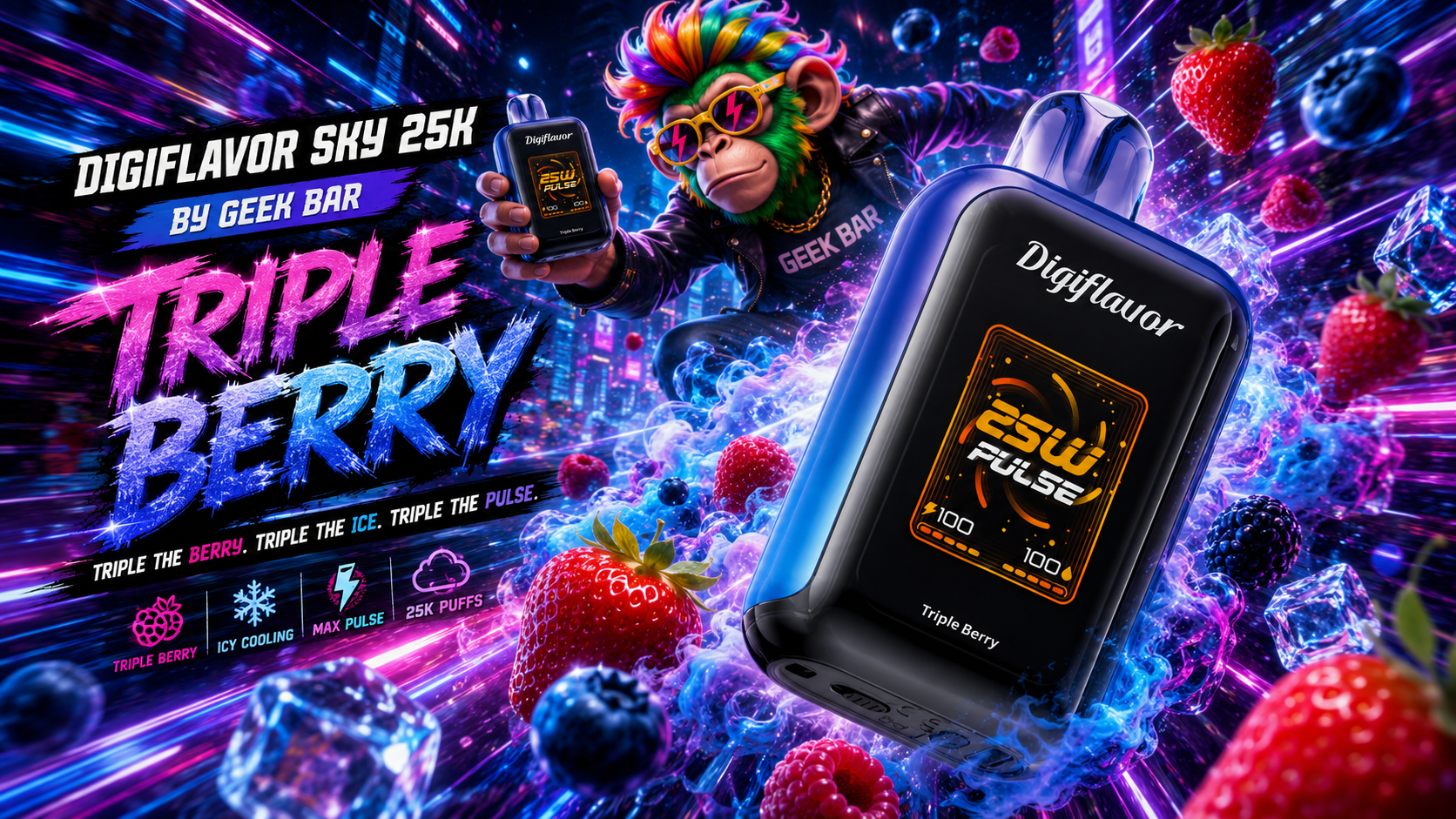 DIGIFLAVOR SKY 25K vape device in Triple Berry flavor with digital display and vibrant berry-themed design.