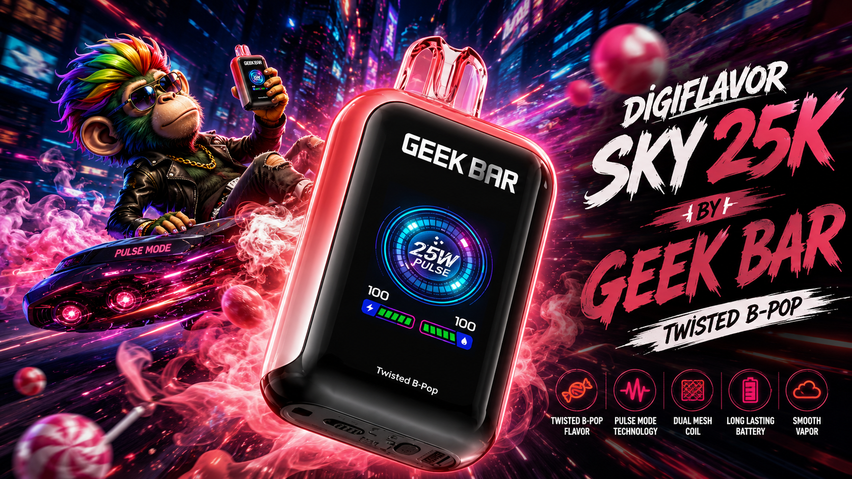Sleek Geek Bar DigiFlavor Sky 25K vape with digital display and Twisted B-Pop flavor branding