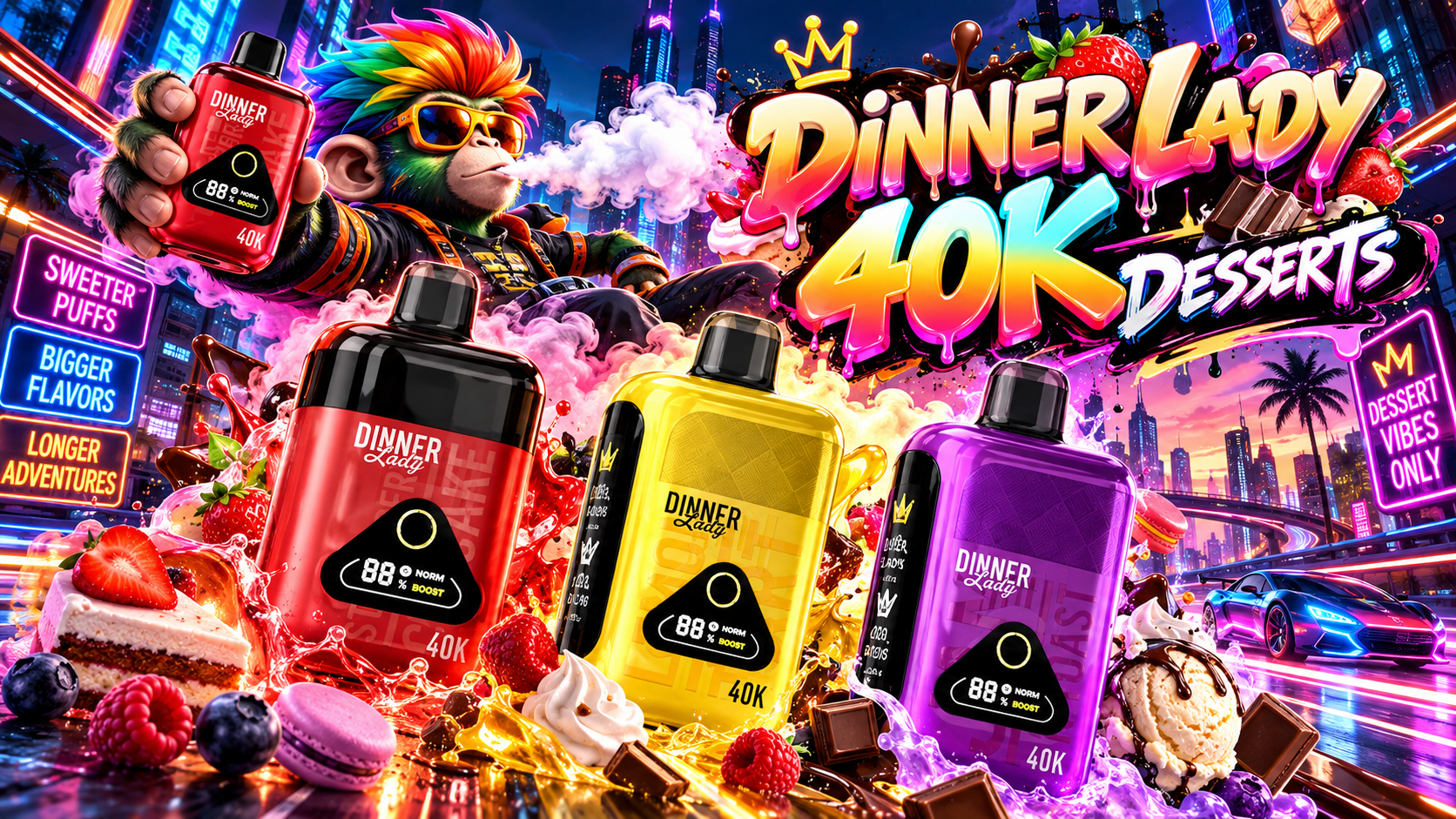 Dinner Lady 40K disposable device lineup in red, yellow and purple with display screen and sleek compact design