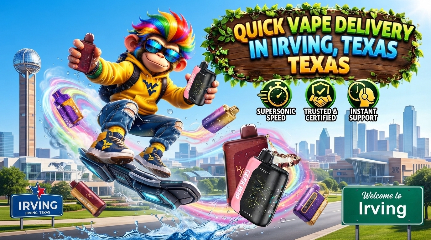 Disposable devices with vibrant color trails, icy splash effects, and an energetic Irving cityscape backdrop.