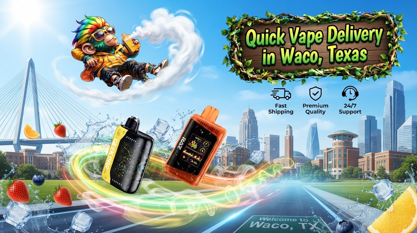 Colorful disposable devices with citrus, berry, and ice elements set against a vibrant Waco cityscape.