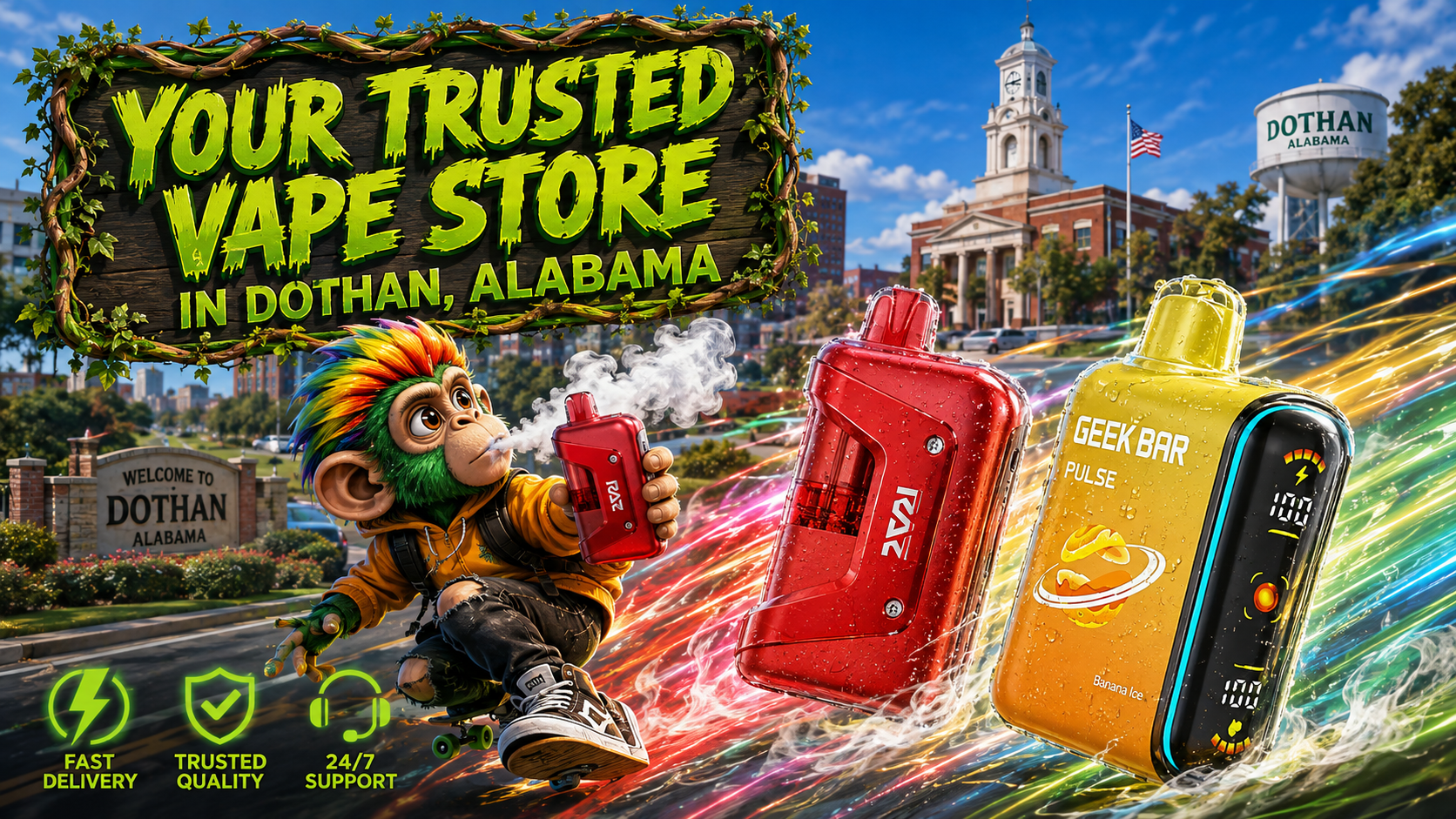 Colorful disposable vape devices with vivid energy trails displayed in front of Dothan, Alabama landmarks and city scenery.