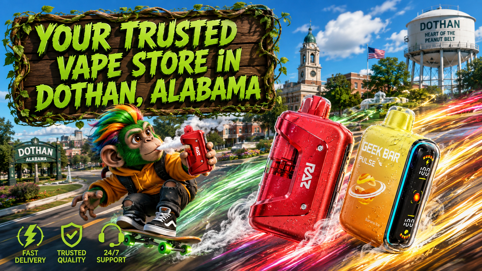 Colorful disposable vape devices with modern displays featured in a vibrant city scene inspired by Dothan, Alabama.