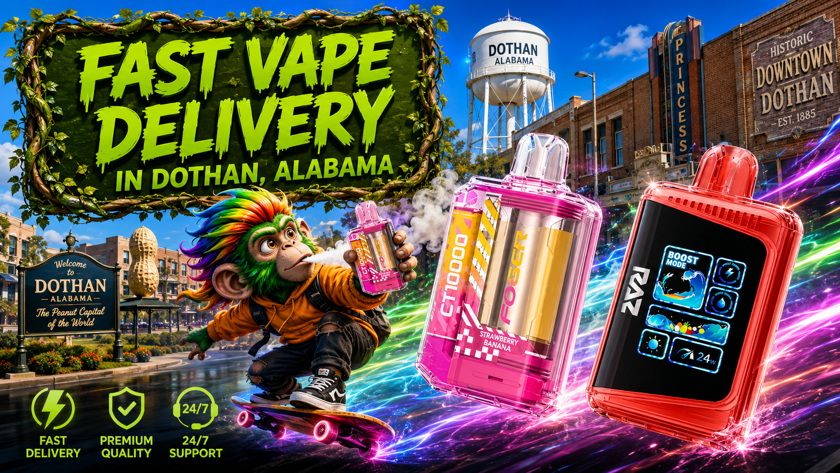 Colorful disposable vape devices with transparent design and display screens showcased against the Dothan, Alabama skyline.