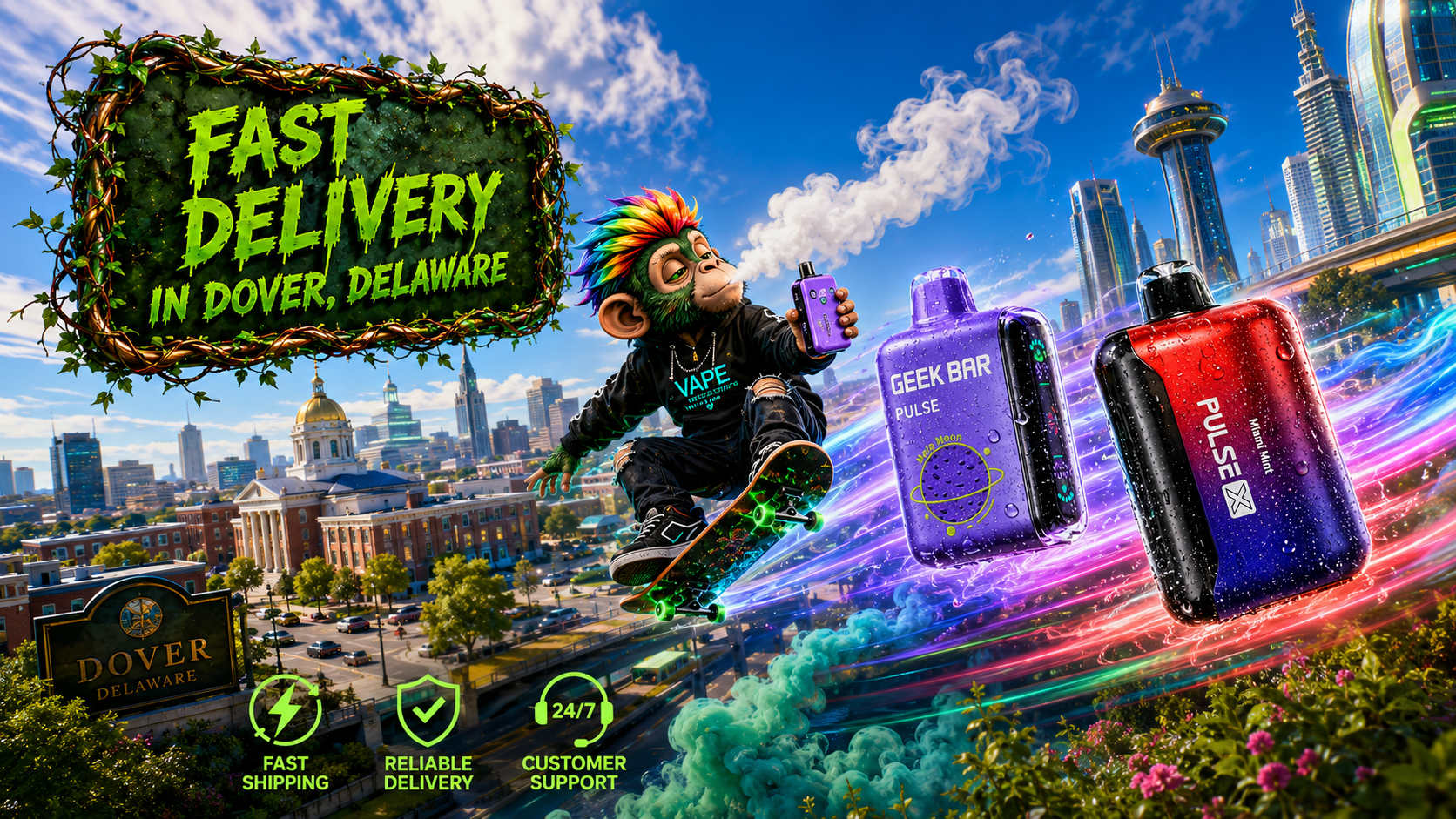 A vibrant promotional illustration showcasing Geek Bar Pulse X disposable vapes with realistic water droplets racing through a futuristic Dover, Delaware cityscape. A colorful skateboard-riding mascot holds a vape device while neon energy trails and smoke emphasize speed, with recognizable Dover landmarks blended into the dynamic background. The banner highlights fast vape shipping, dependable online service, and a wide selection of premium disposable vapes available for customers in Dover, DE.