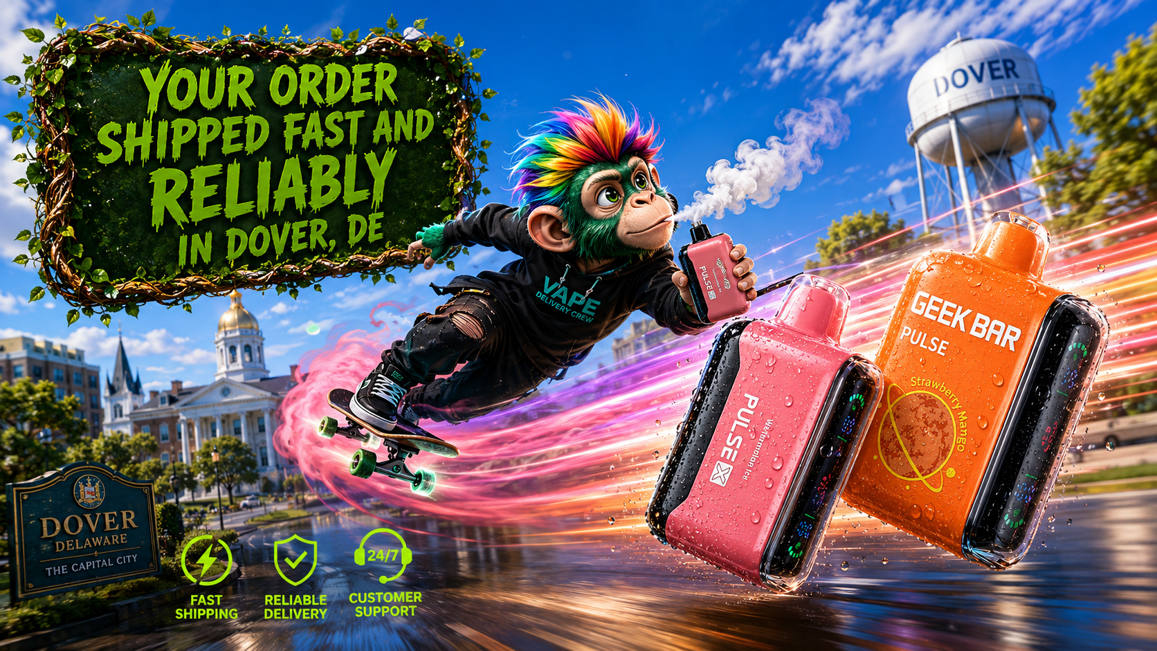 A colorful promotional banner featuring premium disposable Geek Bar Pulse X vapes with water droplets speeding through the streets of Dover, Delaware. A vibrant skateboard-riding mascot holds a vape device while dynamic light trails highlight fast shipping, with recognizable Dover landmarks, the Capitol area, and the city's water tower in the background. The artwork promotes reliable vape delivery, same-day order shipping, and convenient online shopping for customers in Dover, DE.