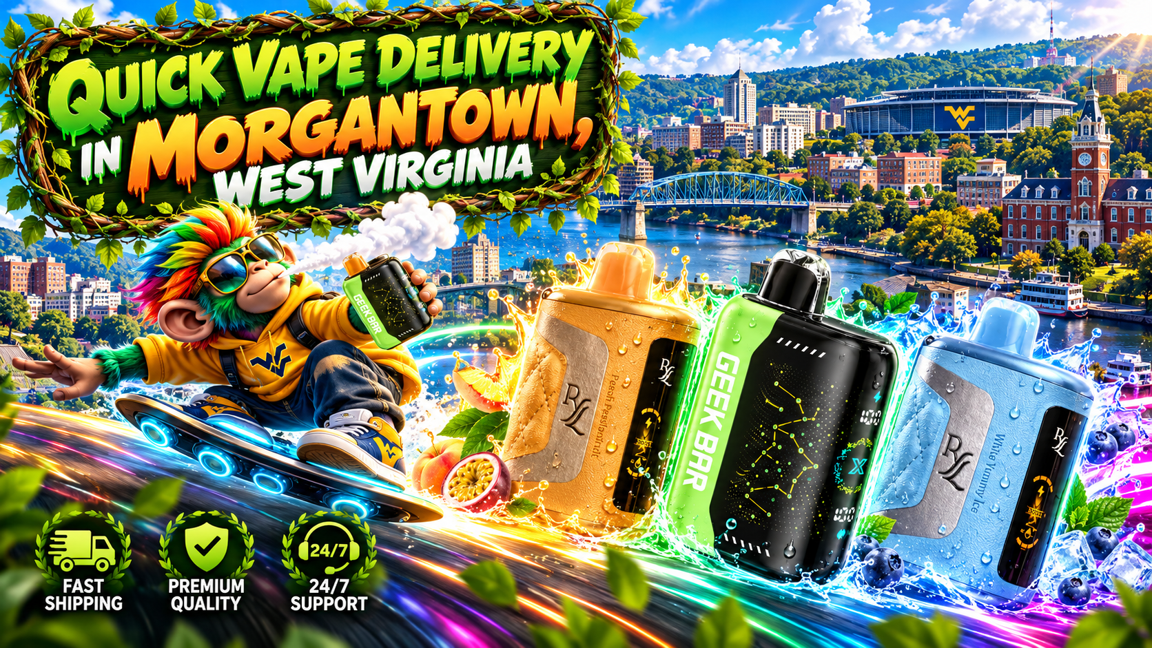 Water-splashed vape devices race through a vivid Morgantown riverfront scene with colorful energy trails.