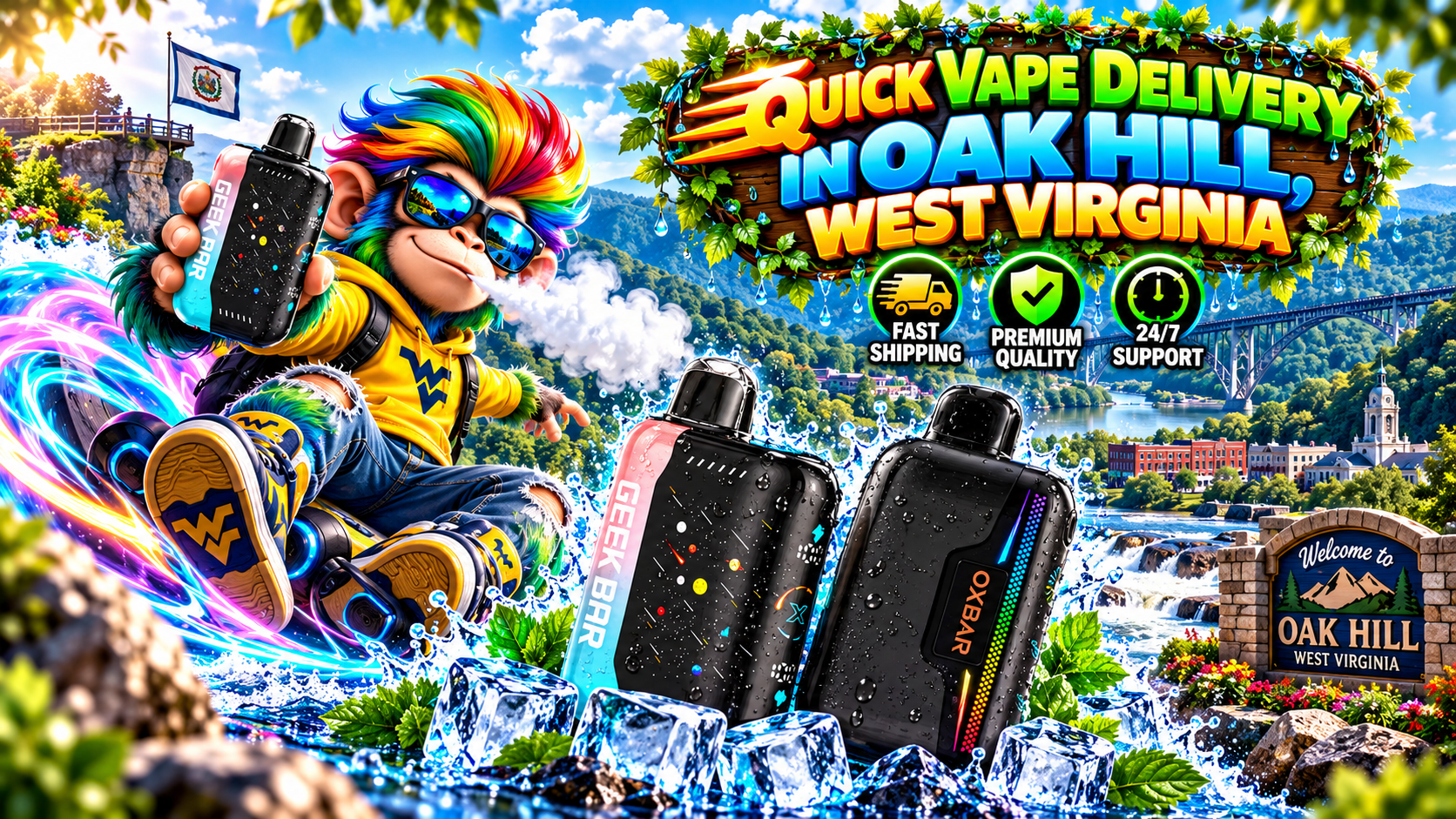 Sleek vape devices with water droplets, ice accents, and a vivid Oak Hill landscape in the background.