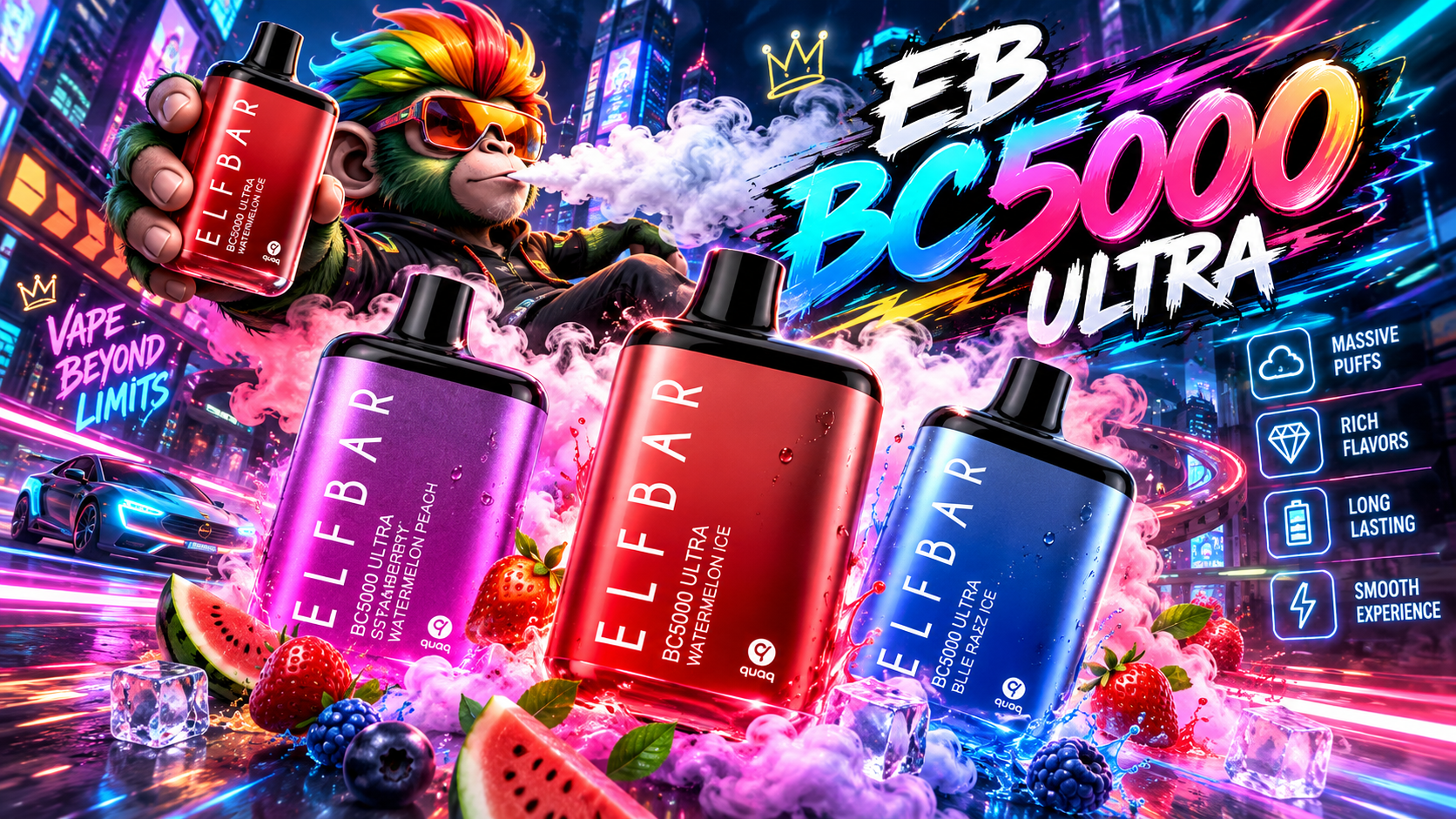 Elf Bar BC5000 Ultra disposable device in red, purple, and blue finishes with colorful fruit-inspired design accents