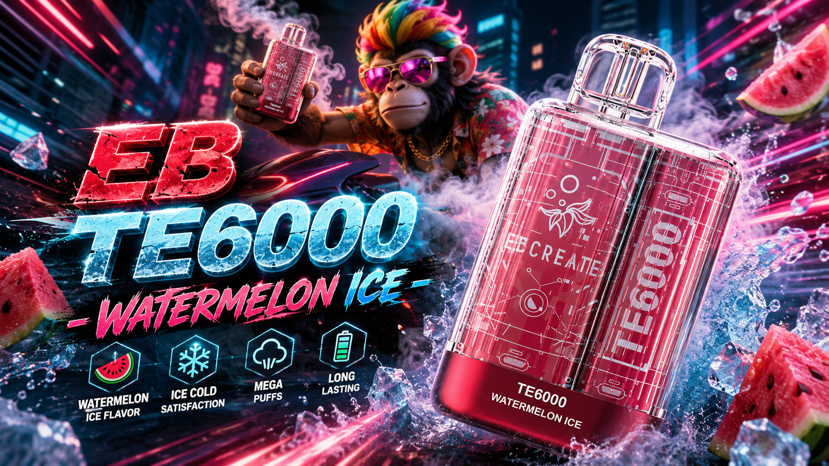 Red EB TE6000 vape with watermelon ice design and cooling theme