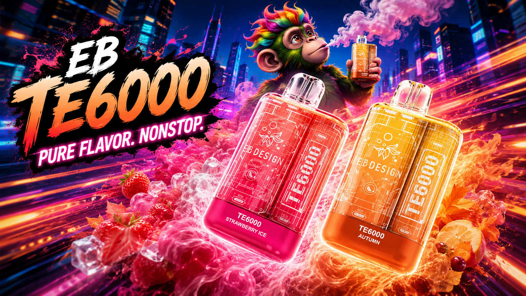 EB DESIGN TE6000 vape devices in Strawberry Ice and Autumn flavors with neon city backdrop and mascot