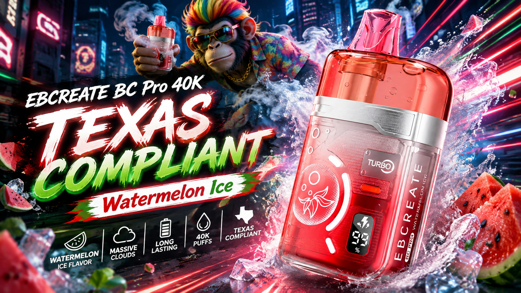Red transparent EBCREATE BC Pro 40K vape with digital display and watermelon ice theme
