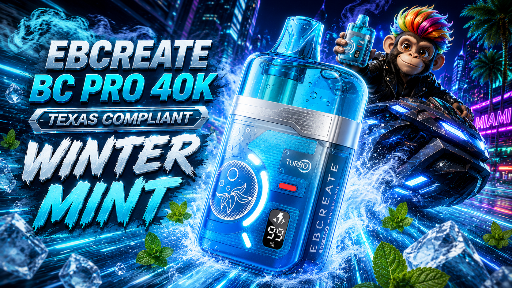 Blue EBCREATE BC PRO 40K vape device with digital display, mint leaves, and ice accents