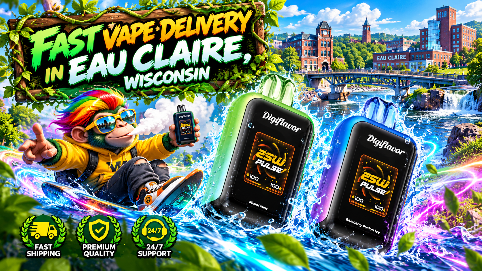 Colorful delivery scene with two sleek devices, water splashes, city scenery, and a dynamic character.