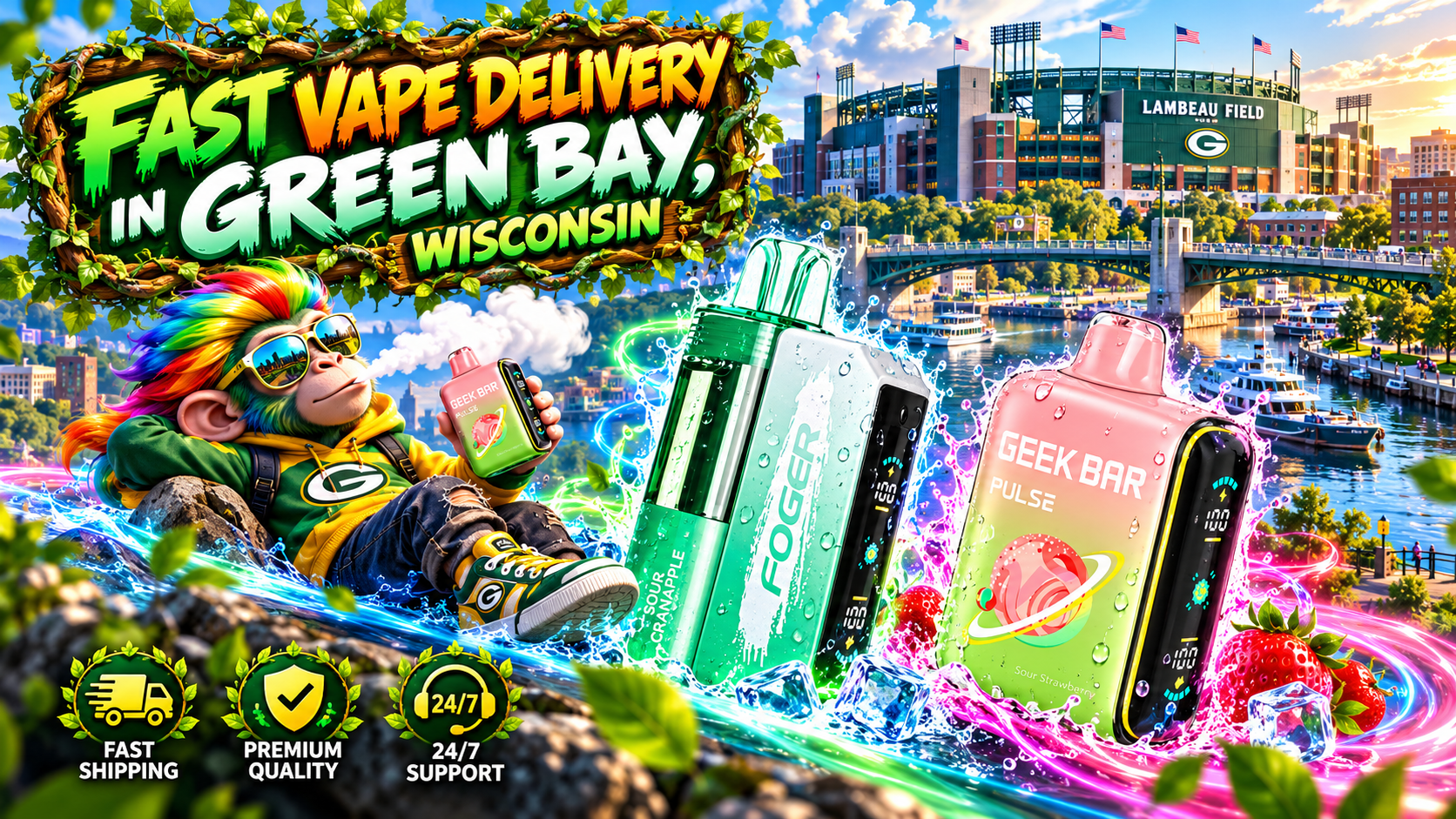 Bright Green Bay scene with colorful devices, water splashes, city landmarks, and vibrant energy trails.