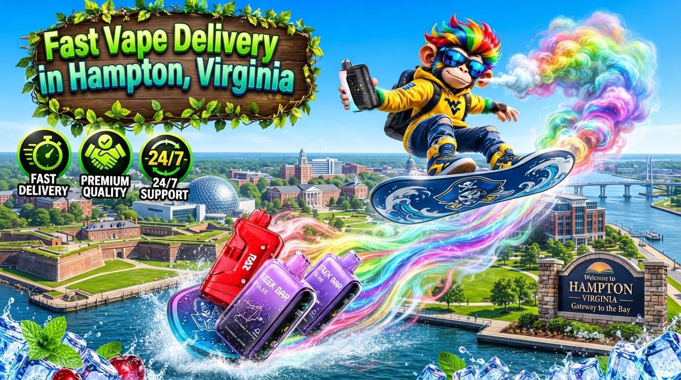 Colorful devices with water splashes and bright energy trails over a scenic Hampton waterfront.