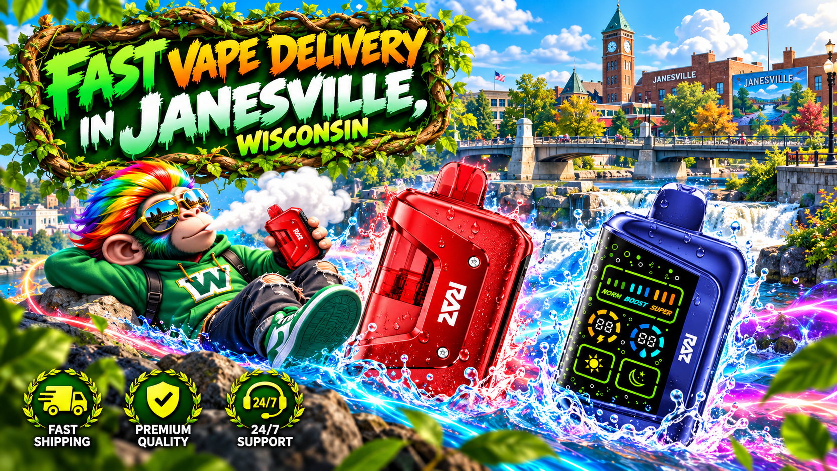Two vibrant devices surrounded by water splashes and glowing trails against a sunny Janesville cityscape.