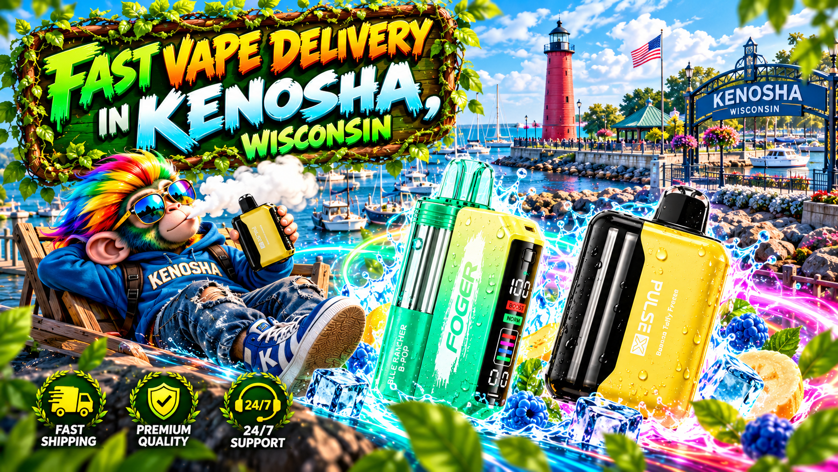 Fast Delivery in Kenosha, Wisconsin with Colorful Devices Bright waterfront scene with colorful devices, water splashes, glowing trails, and Kenosha landmarks.