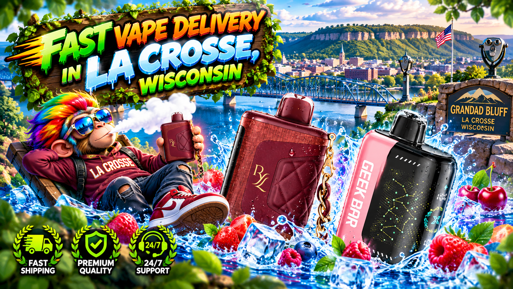 Fast Delivery in La Crosse, Wisconsin with Modern Devices Scenic La Crosse riverfront with modern devices, water splashes, ice effects, and vibrant city views.