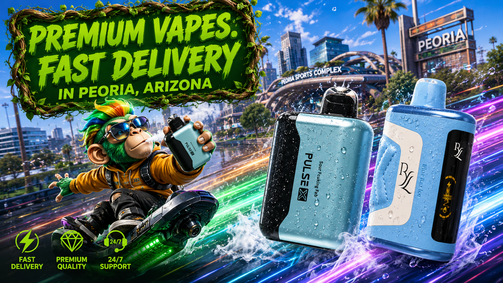 Modern disposable vape devices with a premium delivery theme and a vibrant Peoria, Arizona city backdrop.
