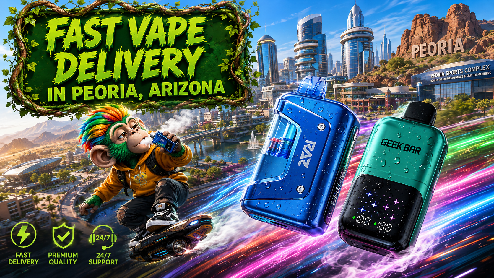 Colorful disposable vape devices with a fast delivery theme and a modern Peoria, Arizona city backdrop.