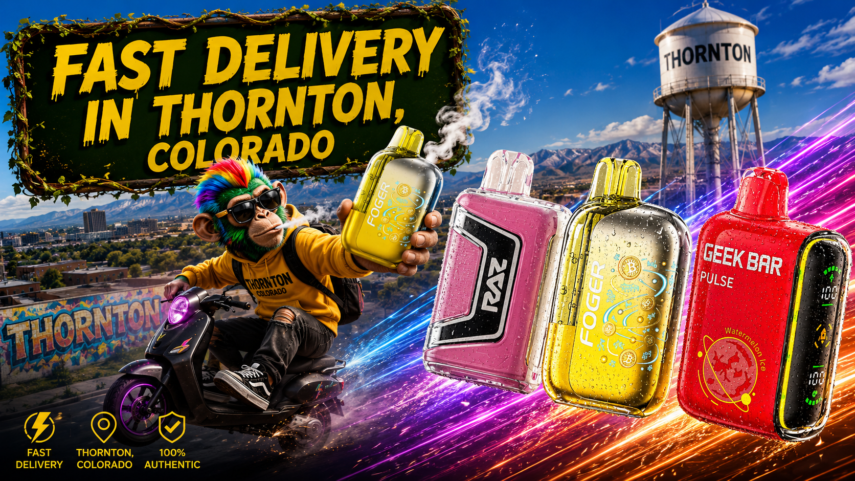 Vibrant Vape Devices with Thornton City and Mountain Views Bright vape devices with water droplets and colorful light trails set against a sunny Thornton, Colorado cityscape.