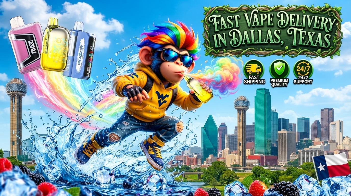 Fast Device Delivery Across Dallas, Texas Colorful devices fly above the Dallas skyline with water splashes, bright energy trails, and a dynamic delivery scene.