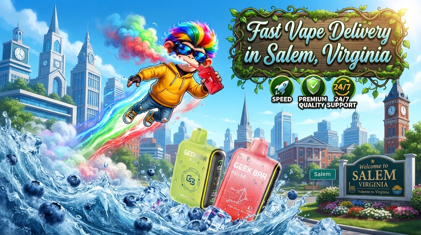 Vibrant Salem city scene with colorful devices, icy water splashes, energy trails, and a flying character.