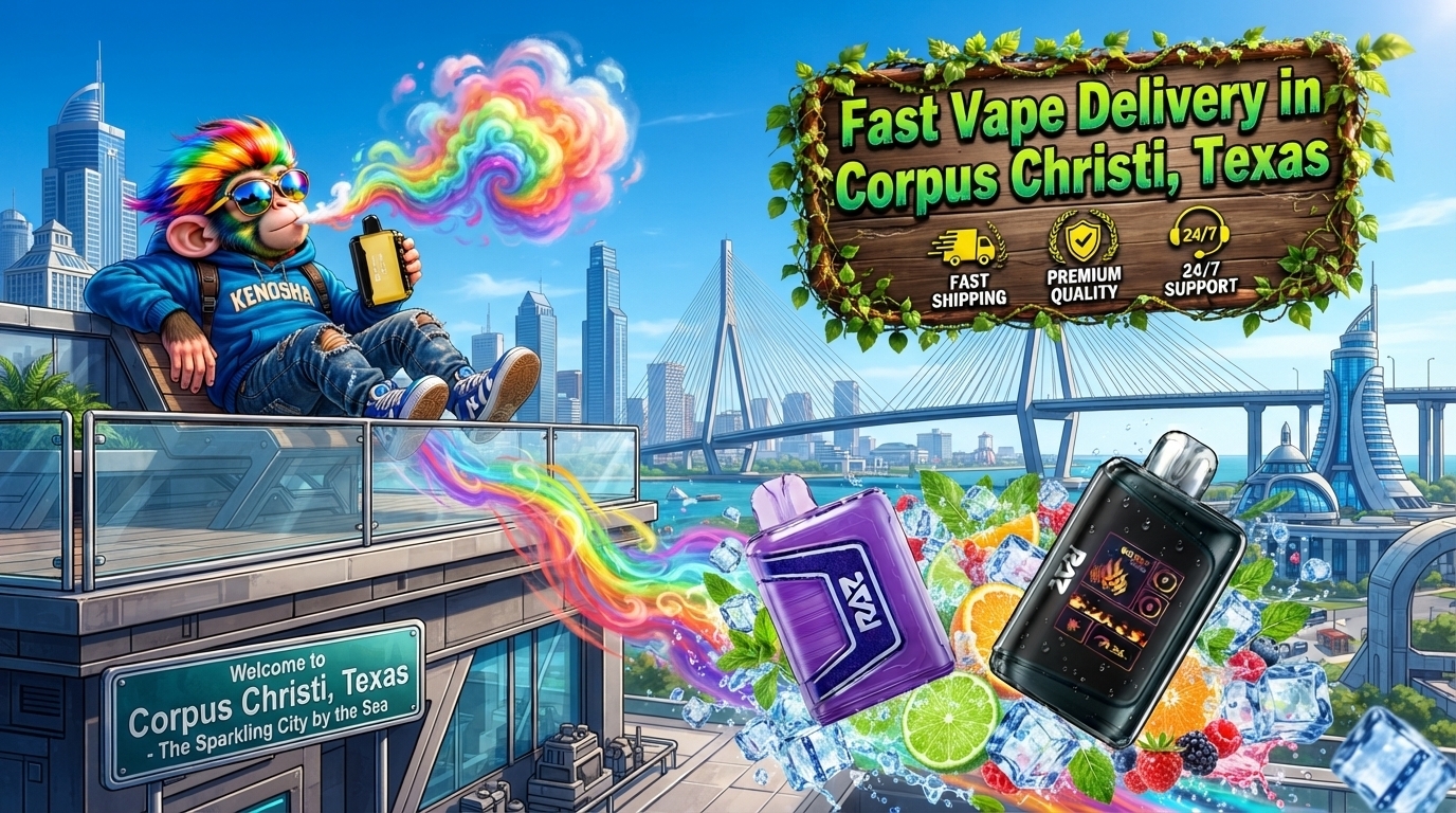 Futuristic Corpus Christi scene with two colorful devices, icy effects, city skyline, bridge, and fast delivery theme.