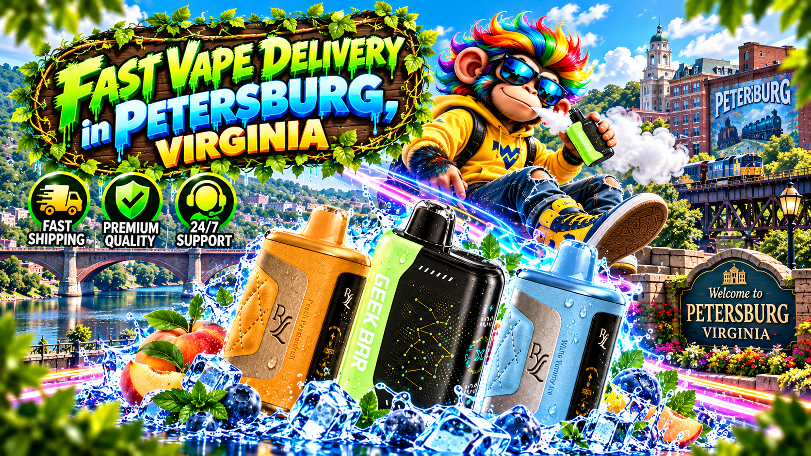 Colorful delivery scene in Petersburg, Virginia, featuring modern devices, water effects, and city landmarks.