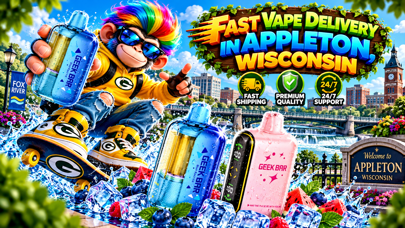 Colorful vape devices with water droplets, ice, berries, and a vibrant Appleton, Wisconsin waterfront scene.