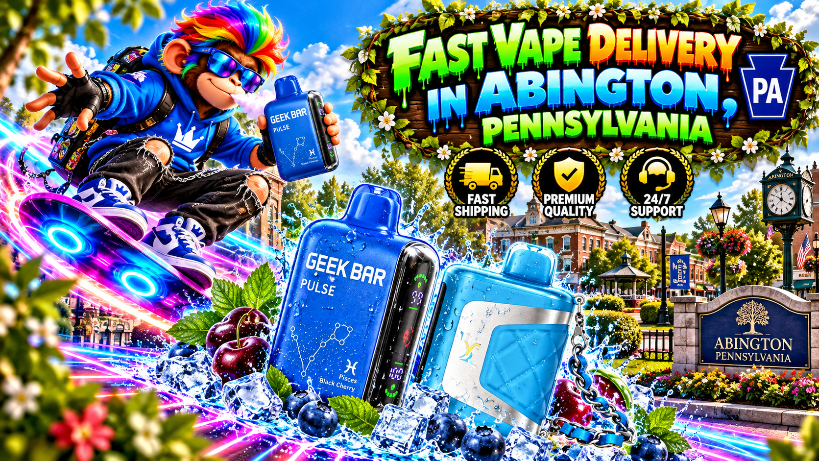 Blue vape devices with water droplets, cherries, ice, and neon trails against a sunny Abington, Pennsylvania townscape.