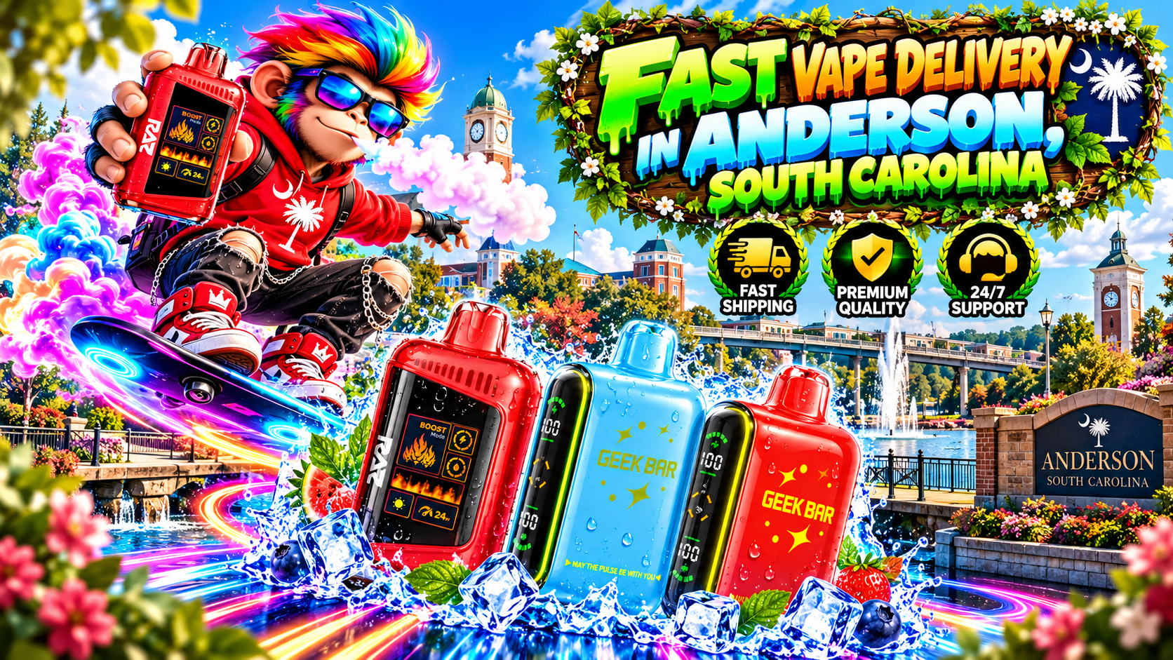 Vibrant delivery scene in Anderson with colorful devices, water splashes, ice effects, and local landmarks.