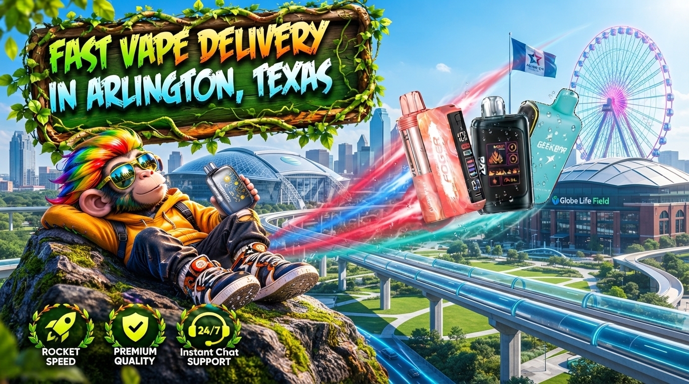 Fast Vape Delivery in Arlington, Texas With Colorful City Scene Colorful delivery scene with multiple vape devices, a playful character, city landmarks, and fast service icons.