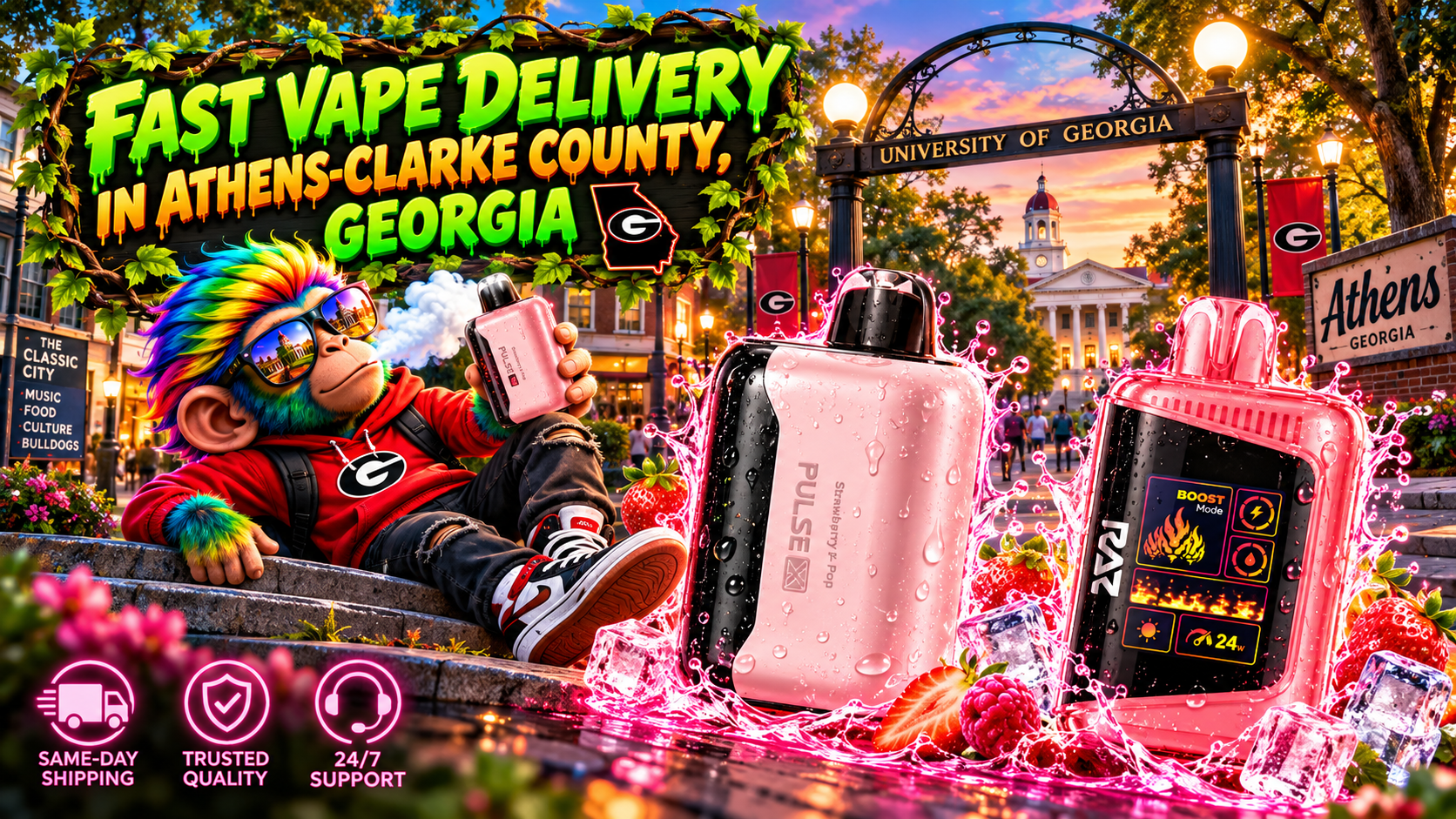 Water-splashed colorful devices in a lively Athens-Clarke County scene with glowing lights and a playful character.