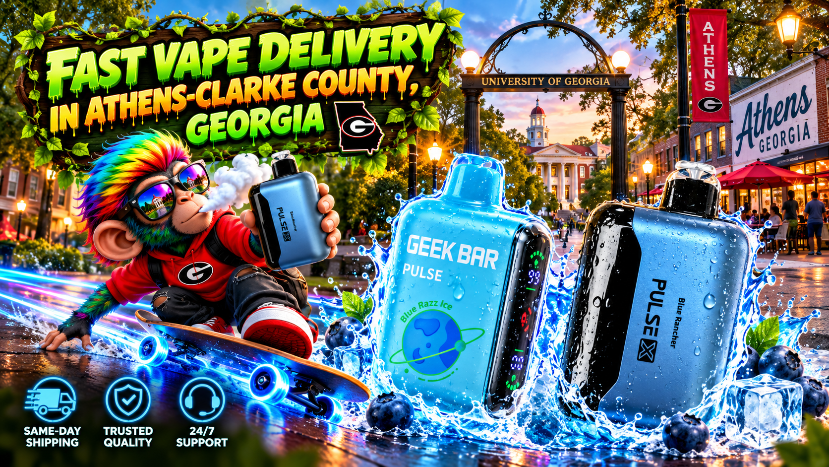 Blue water-splashed devices race through a lively Athens-Clarke County scene with glowing energy trails.