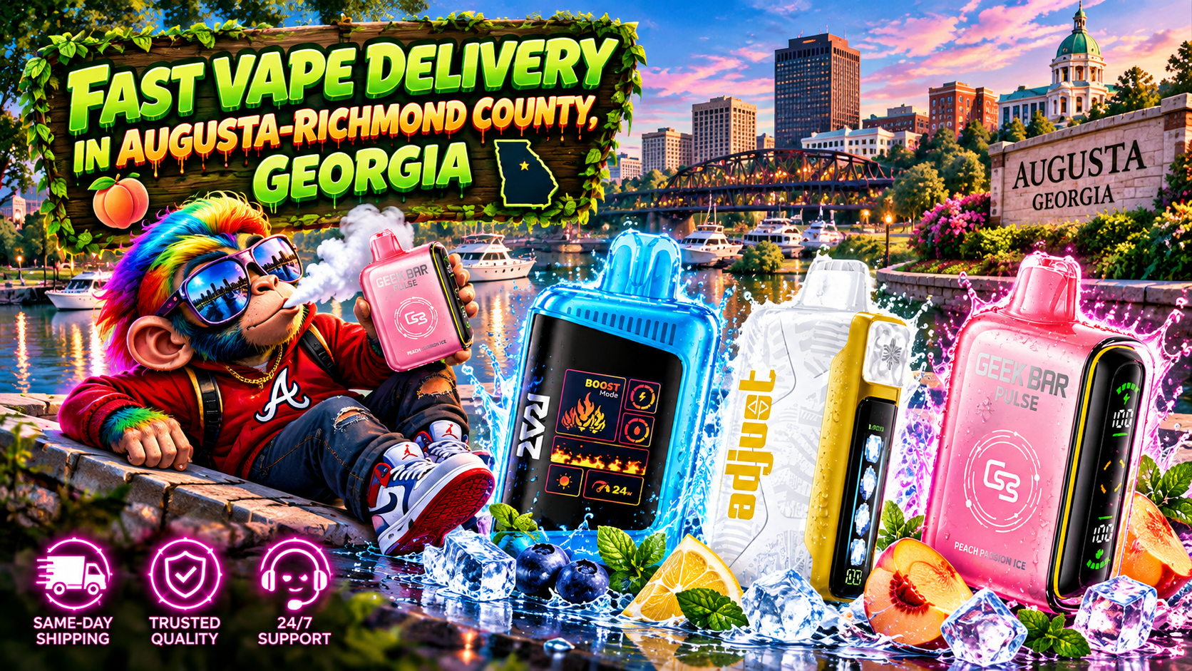 Fast Device Delivery in Augusta-Richmond County, Georgia Colorful water-splashed devices stand beside a playful character against a vibrant Augusta waterfront.