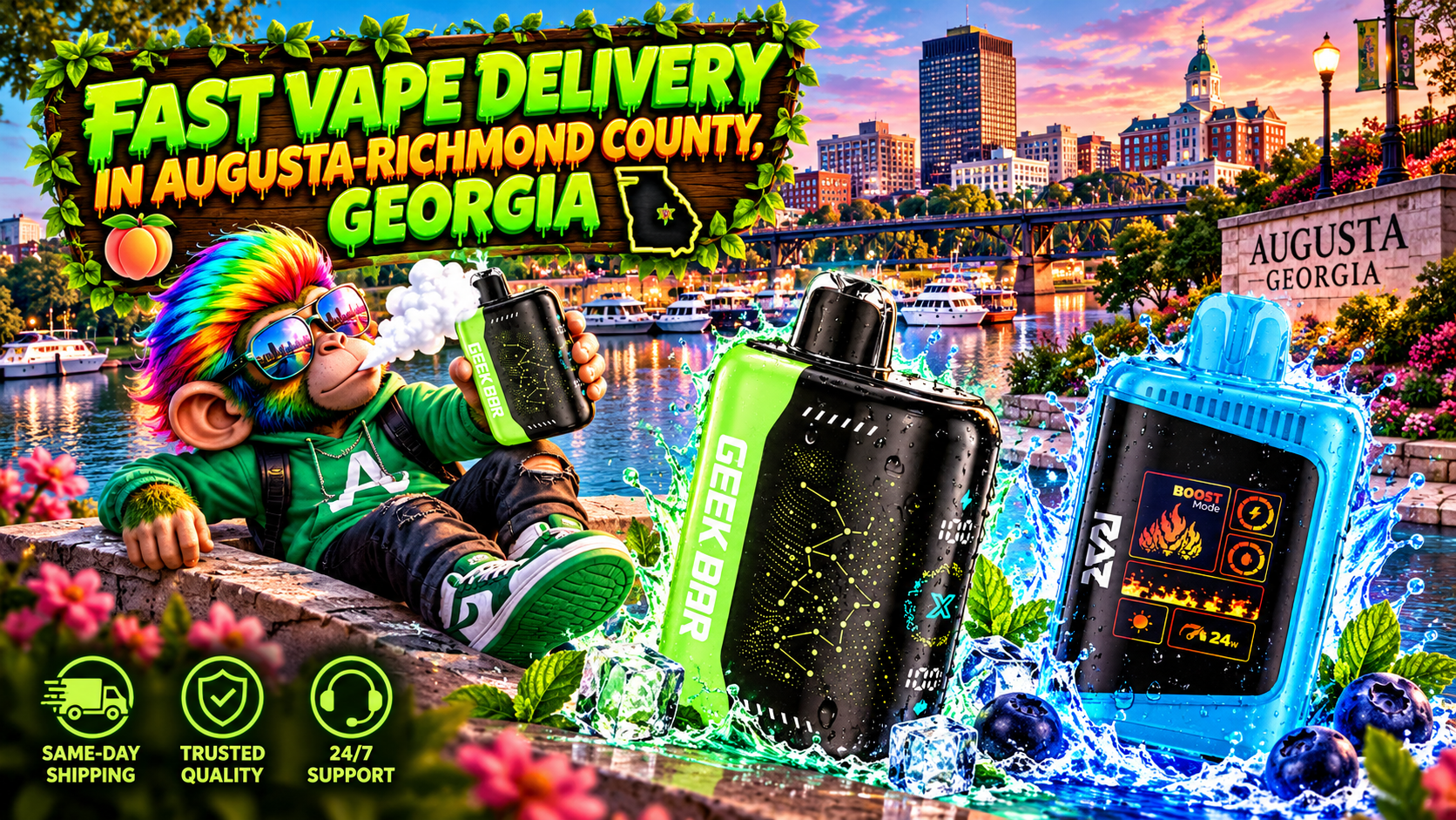 Vibrant Device Delivery in Augusta-Richmond County, Georgia Water-splashed devices glow beside a playful character against Augusta’s colorful waterfront skyline.