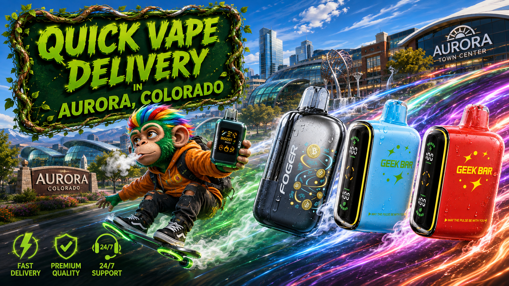 Quick Vape Delivery in Aurora, Colorado with Colorful Devices Colorful vape devices with water droplets, bright energy trails, a cartoon character, and an Aurora city backdrop.