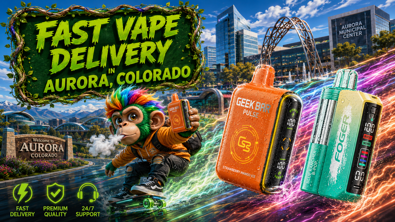 Fast Vape Delivery in Aurora, Colorado with Colorful Vape Devices Colorful vape devices with water droplets, energy trails, a cartoon character, and an Aurora city scene.