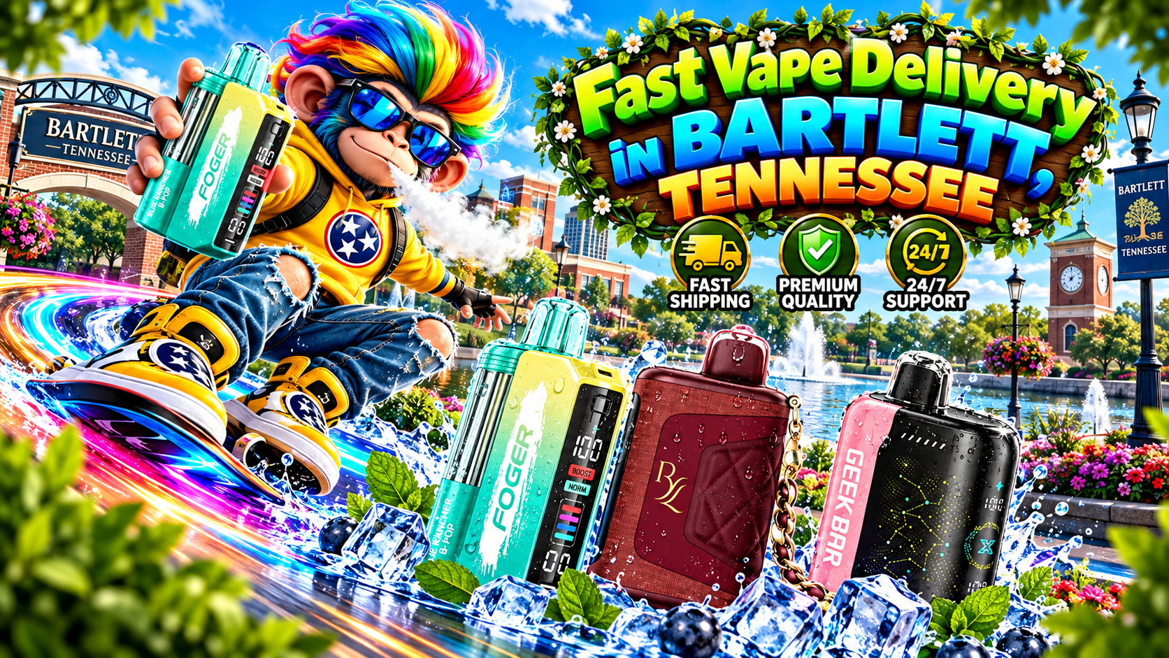 Fast Vape Delivery in Bartlett, Tennessee with Colorful Devices Vibrant delivery scene with colorful devices, water splashes, ice accents, and a sunny Bartlett backdrop.