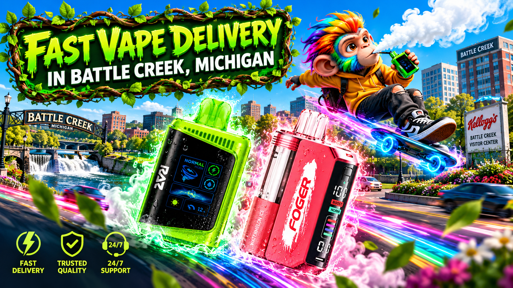 Rapid Device Delivery Scene in Battle Creek, Michigan Green and red devices surge through Battle Creek with water splashes, neon streaks, and a lively city backdrop.