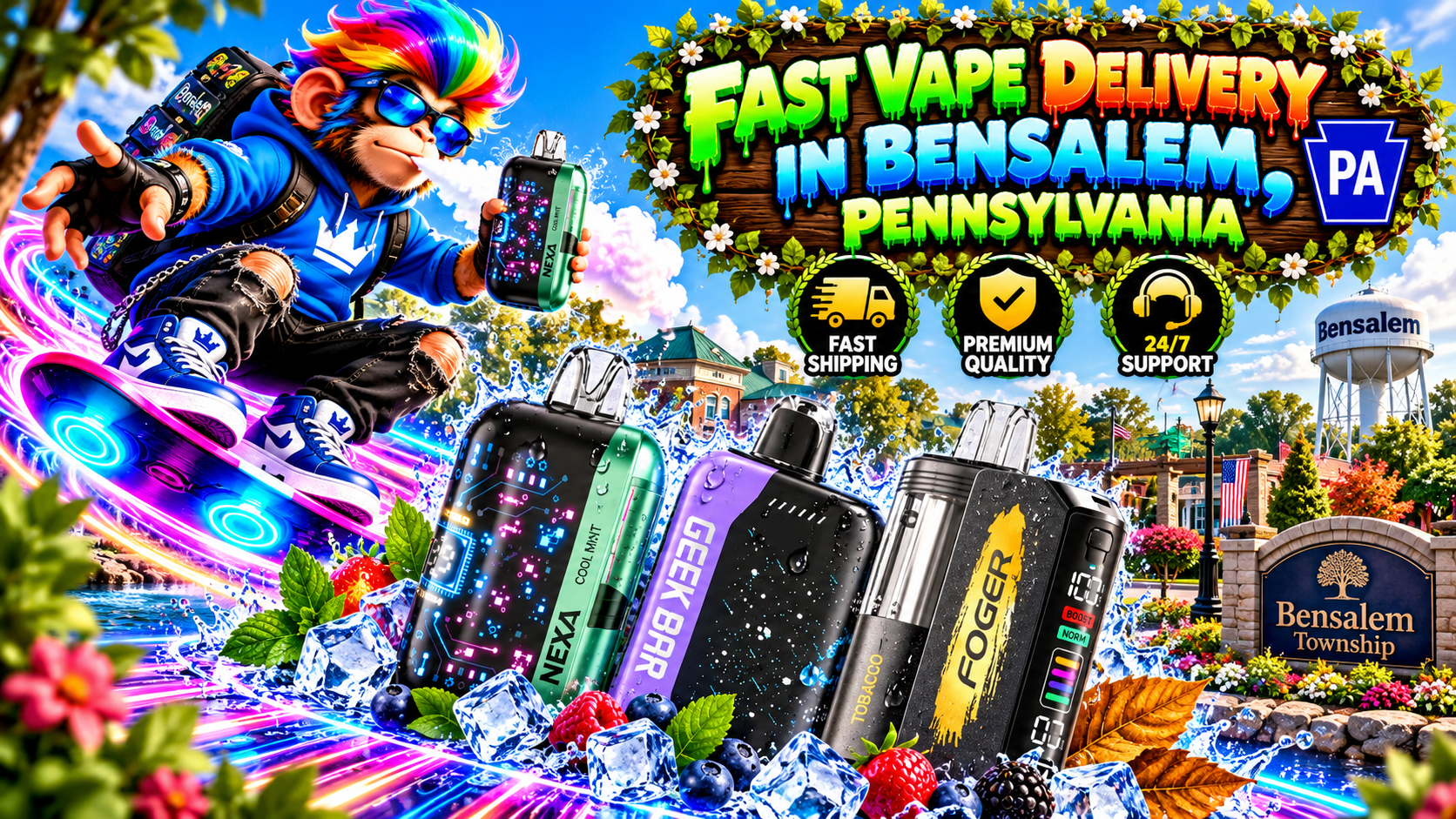 Modern vape devices with glowing displays, water droplets, ice, and berries against a vibrant Bensalem cityscape.