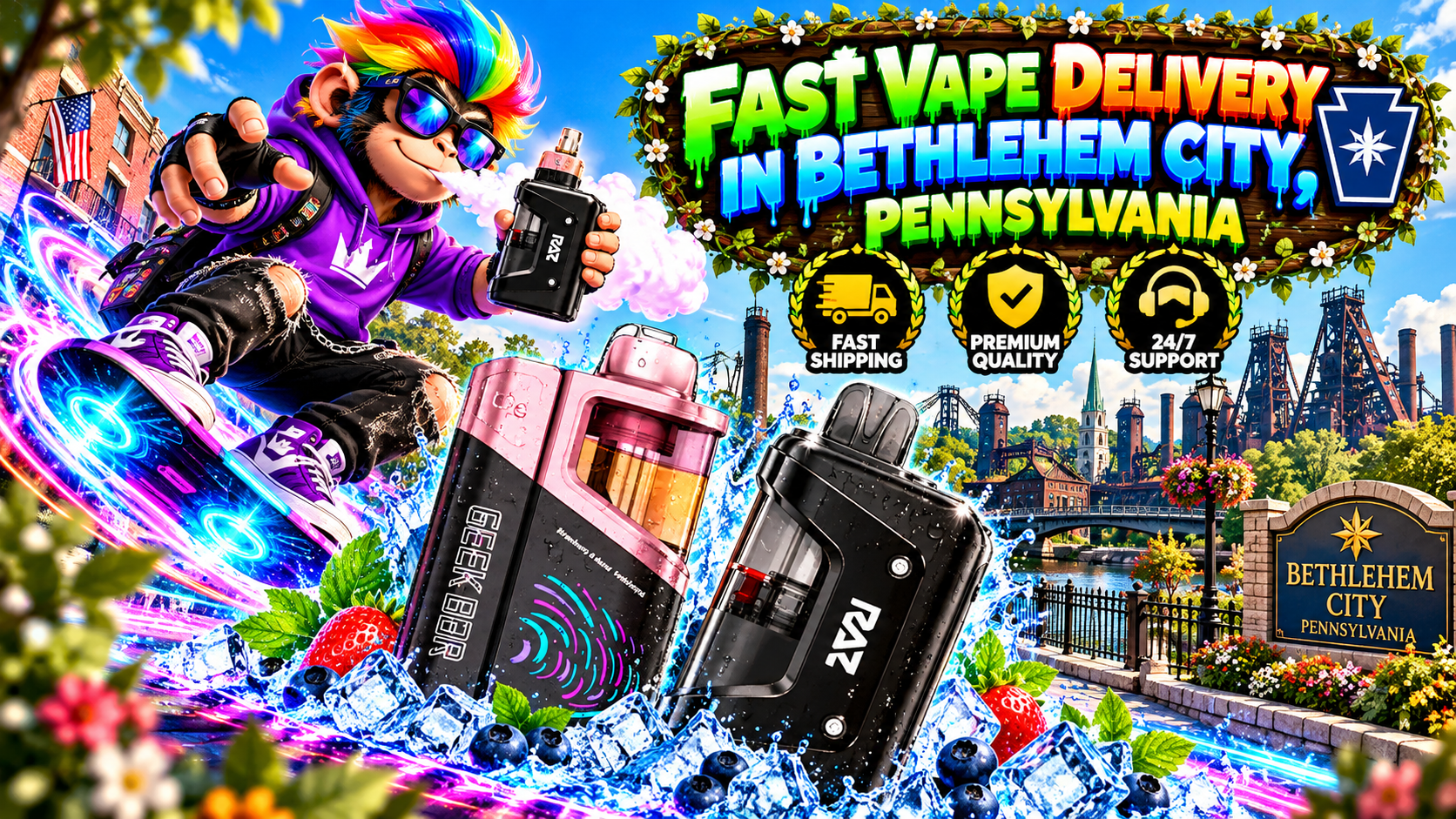 Fast Vape Delivery in Bethlehem City, Pennsylvania with Sleek Devices Pink and black vape devices with water droplets, ice, berries, and neon effects against Bethlehem, Pennsylvania landmarks.