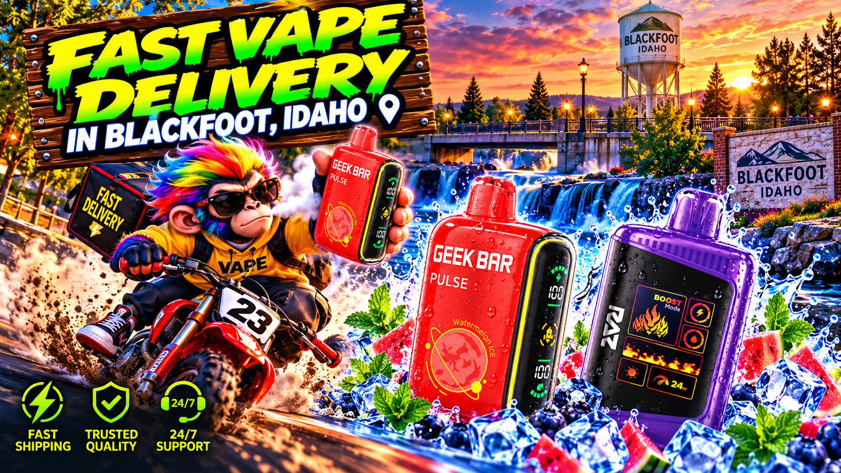 Colorful Device Showcase in Blackfoot, Idaho Red and purple devices with icy water effects against a glowing Blackfoot sunset and waterfall scene.